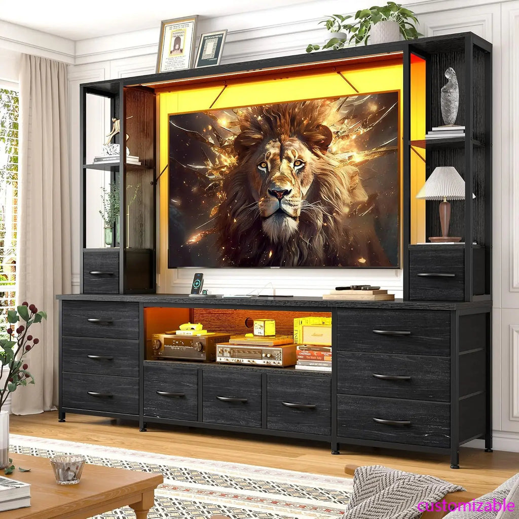 65" TV Stand for Living Room, Large Wall Unit Entertainment Center with 11 Fabric Drawers ,Dresser with 2 LED Lights