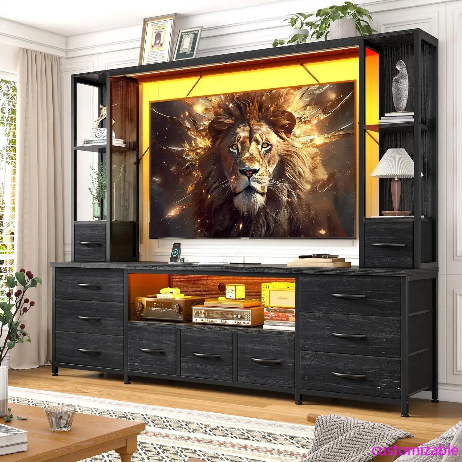 65" TV Stand for Living Room, Large Wall Unit Entertainment Center with 11 Fabric Drawers ,Dresser with 2 LED Lights