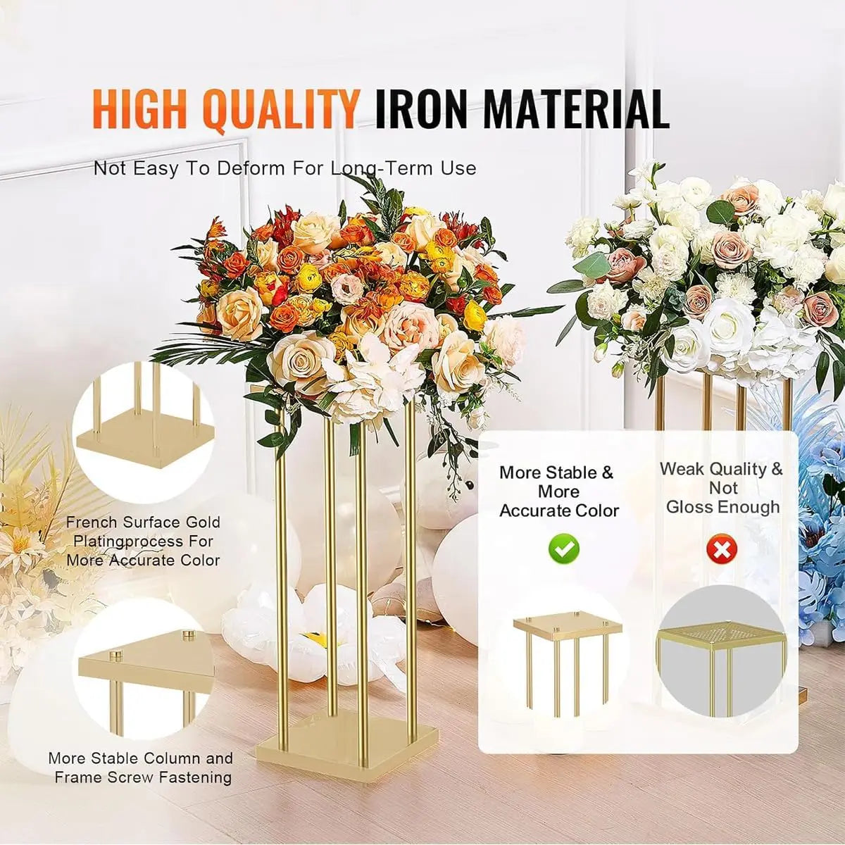 4 Pcs Gold Metal Flower Stand 23.6 in Tall Wedding Aisle Centerpiece Party Flower Holder/ Event Decoration