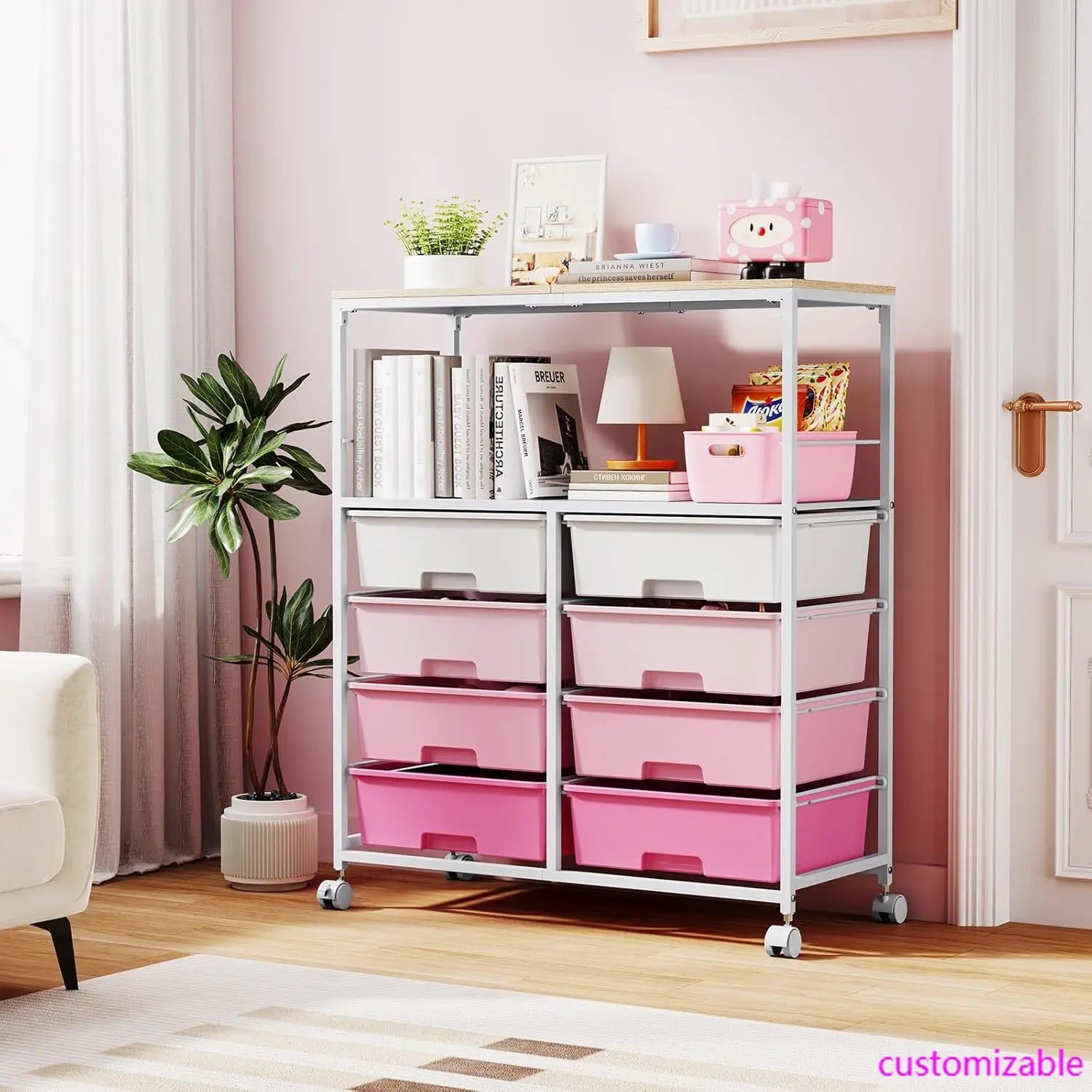 8 Drawers Rolling Storage Cart with Wooden Top, Multipurpose Utility Cart with Opening Shelf & Lockable Wheels