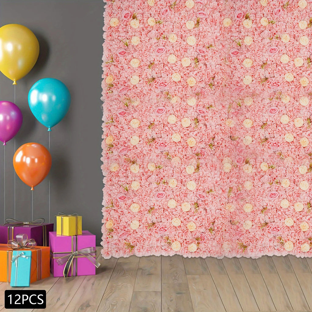 12PCS Flower Wall Panel 3D Artificial Flower Backdrop Wall Silk Hydrangea Rose Floral Panel Flower Wall Mat for Wedding Photo Background Terrace Garden Backyard Decorations Pink