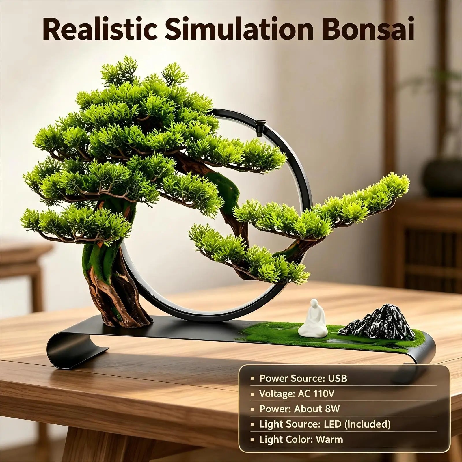 LED Dimmable Artificial Bonsai Tree/ Zen Tabletop Decor/ USB Warm Light Simulation /Pine Tree Desktop Ornament for Home/ Office/ Meditation Room