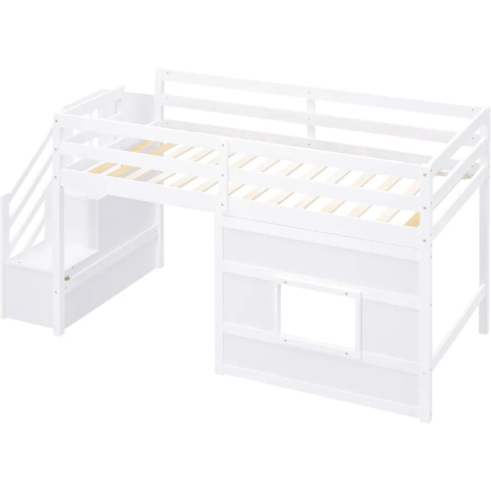 Twin-Size Loft Bed with Storage, Steps, and Spacious Underbed Area for Teens and Children, Solid Wood Construction, Full-Size