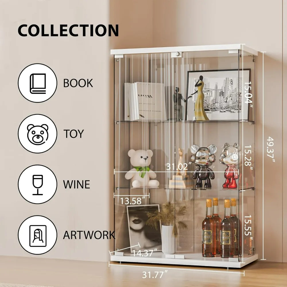 Glass Display Cabinet with Double Doors and Lock, Easy Assembly 3-Tier Curio Cabinet with 5mm Tempered Glass Floor
