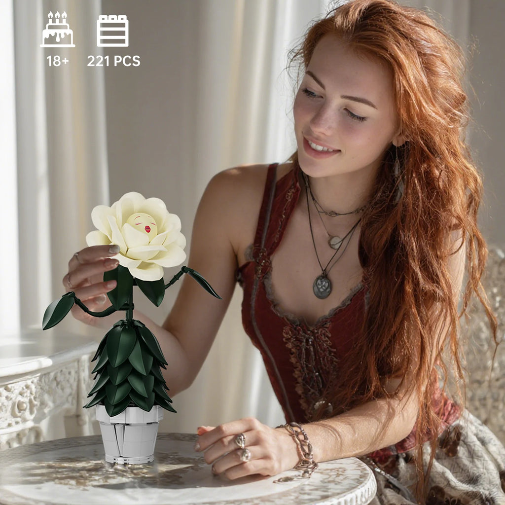 Wonderland Flower Building Blocks Sets/ White Rose/ Artificial Model/ Home/ Room Decoration/ Office/ Desktop Ornament Gifts for Women/ Girls