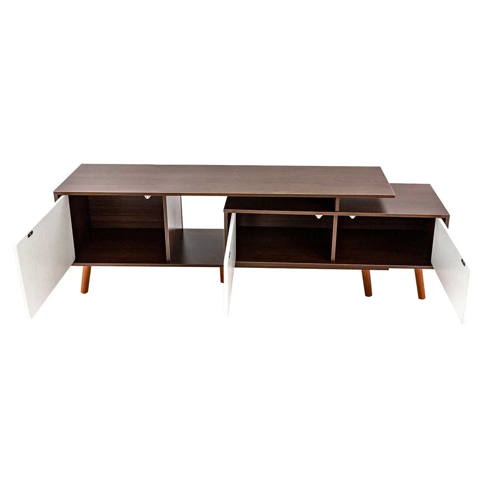 Adjustable Large-Capacity TV Cabinet TV Stand, Walnut & White, Solid Wood 47.2-78.7" Length, Modern Living Room Storage