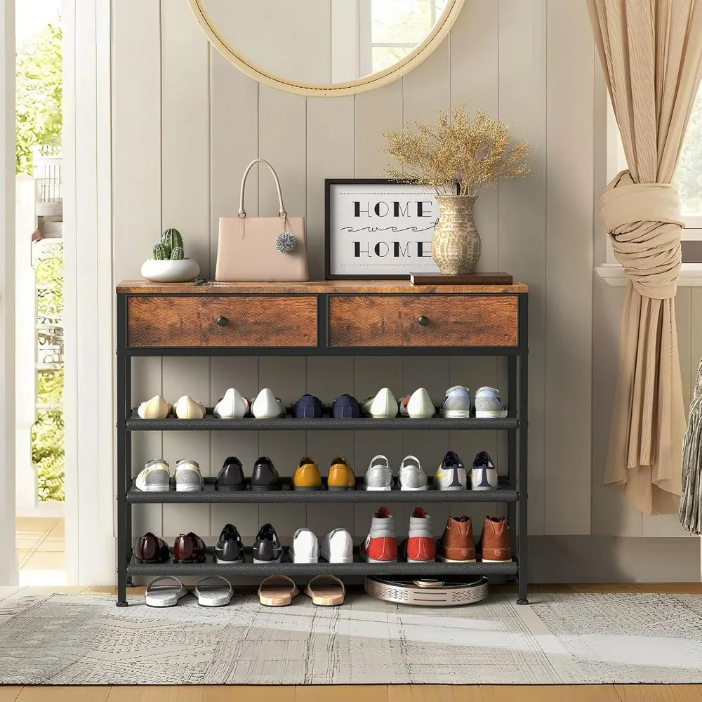 4-Tier Metal Shoe Rack with 2 Drawers and 3 Fabric Shelves for 12-15 Pairs Shoe Storage Organizer