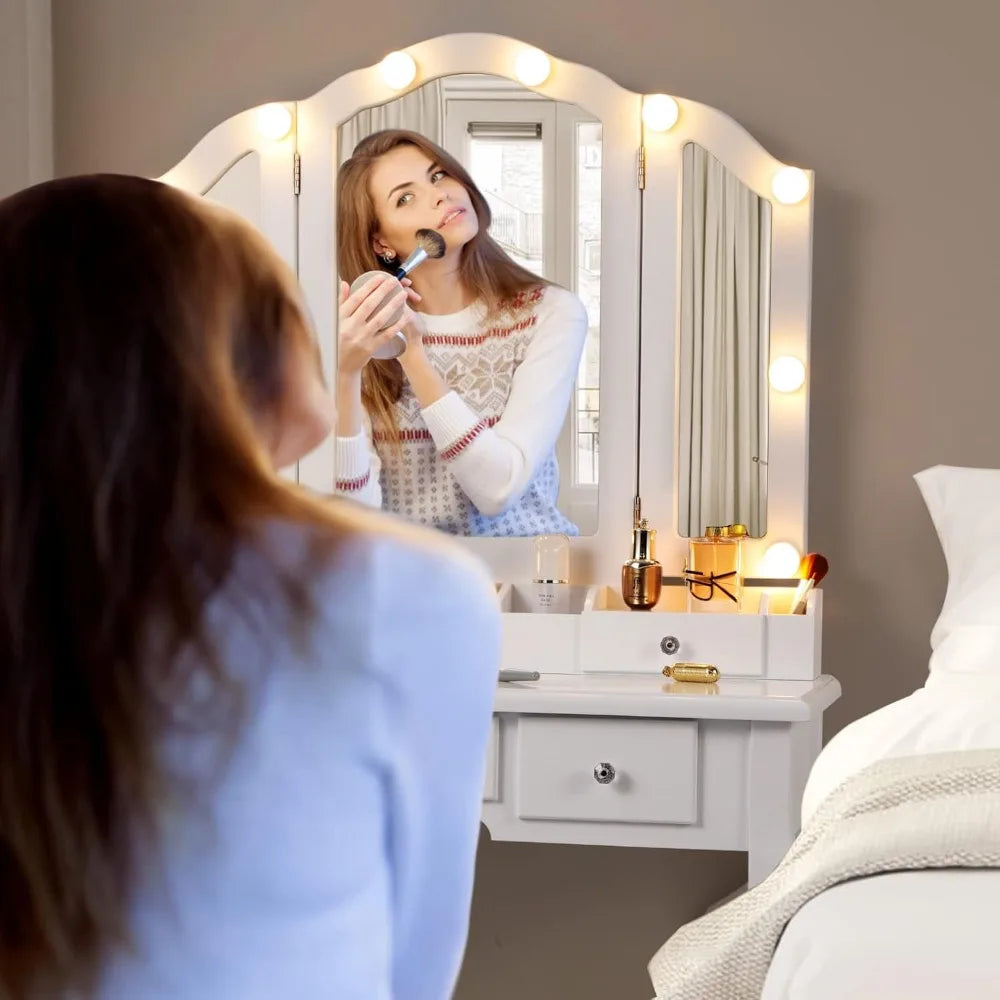 Luminated Makeup Vanity Desk with Tri-Fold Mirror and White Finish