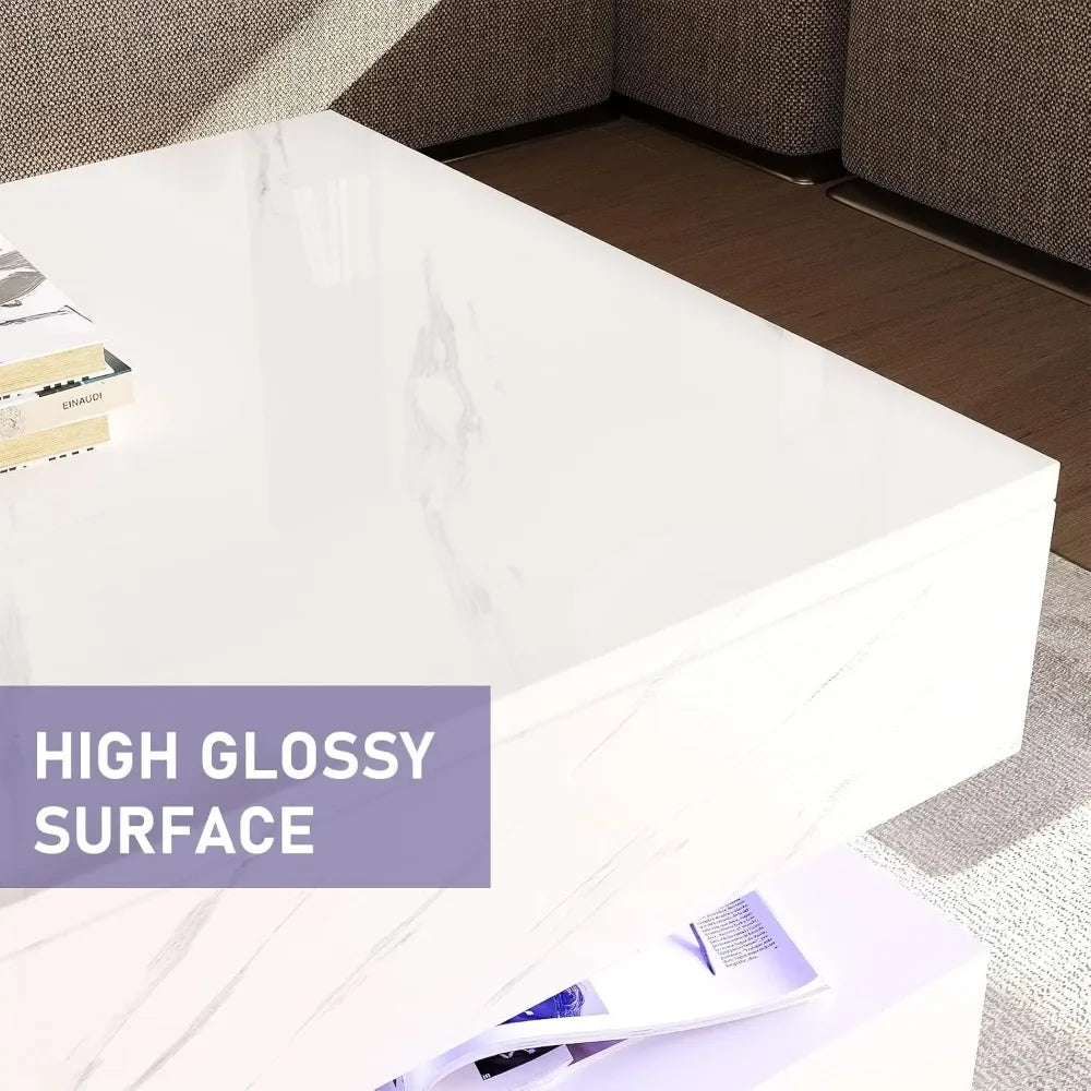 LED Coffee Table with Storage Drawers, Modern High Gloss Coffee Table  LED Lights,  Rectangle Center Table
