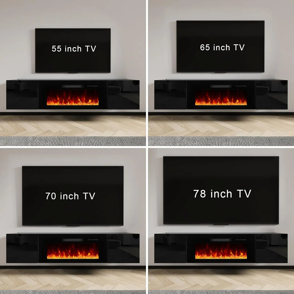 Floating TV Stand with 36" Electric Fireplace, High Gloss Finish Wall Mounted Fireplace Entertainment Center with Storage for TV