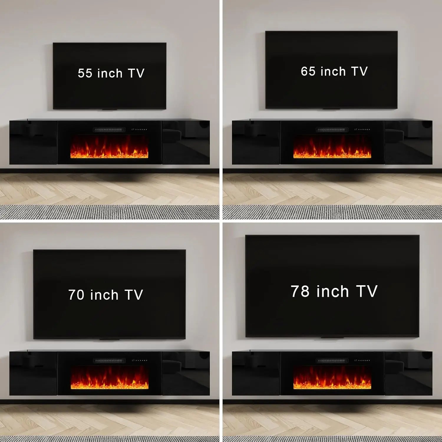 Floating TV Stand with 36" Electric Fireplace, High Gloss Finish Wall Mounted Fireplace Entertainment Center with Storage for TV