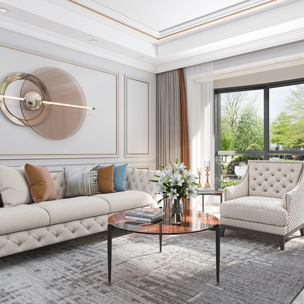 Round Tempered Glass Coffee Table Modern Side Table Decorative Center Table with Metal Legs for Living Room Office