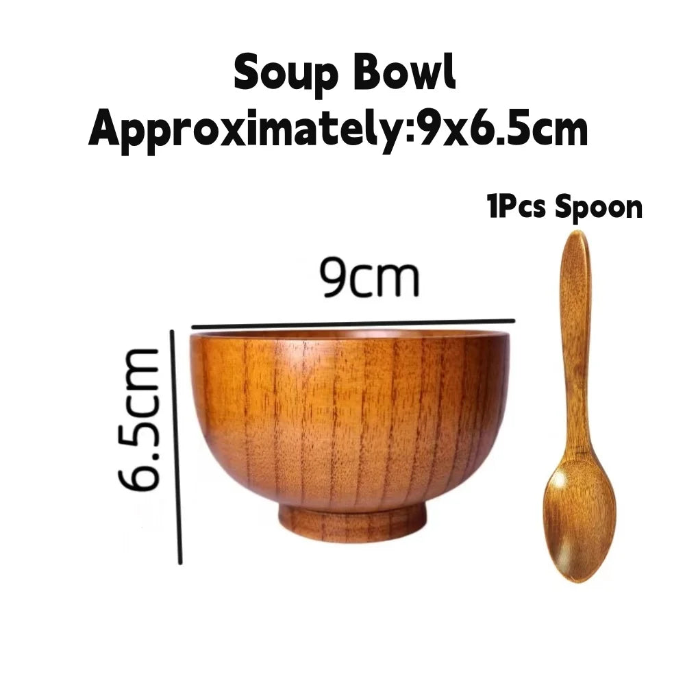 Kitchen Natural Wooden Soup Bowls,Round Fruit Salad Rice Bowls,With Spoon Set Food Containers Bowls,Large Tableware Noodle Bowls