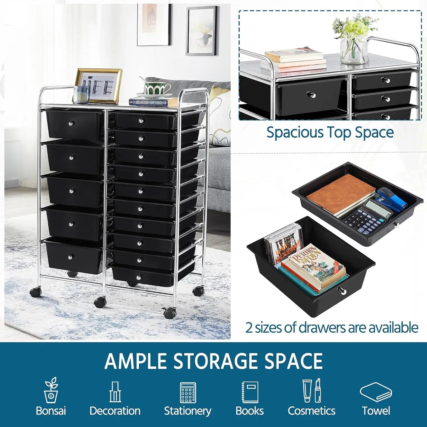 15 Drawers Rolling Storage Cart/ Multipurpose Mobile Rolling Utility Storage Organizer Cart/ Tools/ Scrapbook Paper Organizer