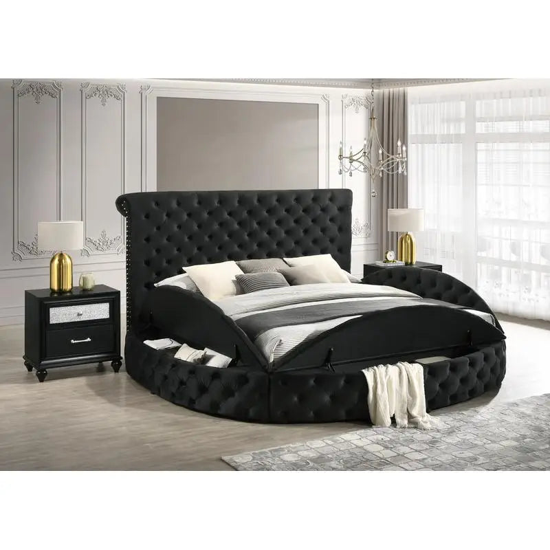 King Size Black Velvet Button-Tufted Storage Bed- 3pc Wooden Bedroom Furniture Set