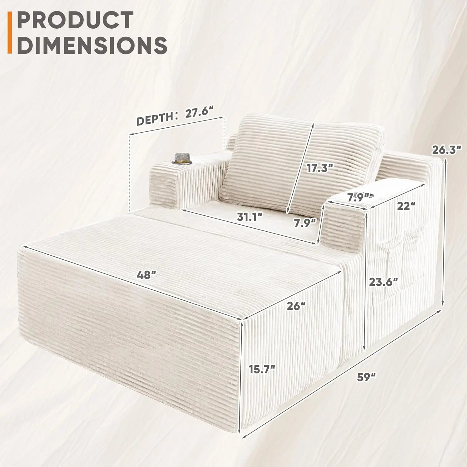 Oversized Chaise Lounge Chair, Cloud Couch with Fluffy Upholstered, Deep Seat Sleeper Sofa Bed