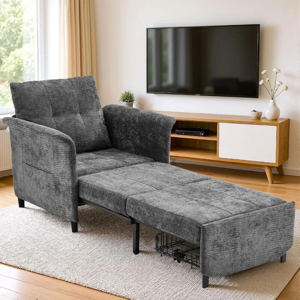 Adjustable Backrest Convertible Sleeper Chair/ Long Chair Bed/ 4-in-1 Pull out Lounge Chair/ 500 LBS Load Bearing Single Sofa