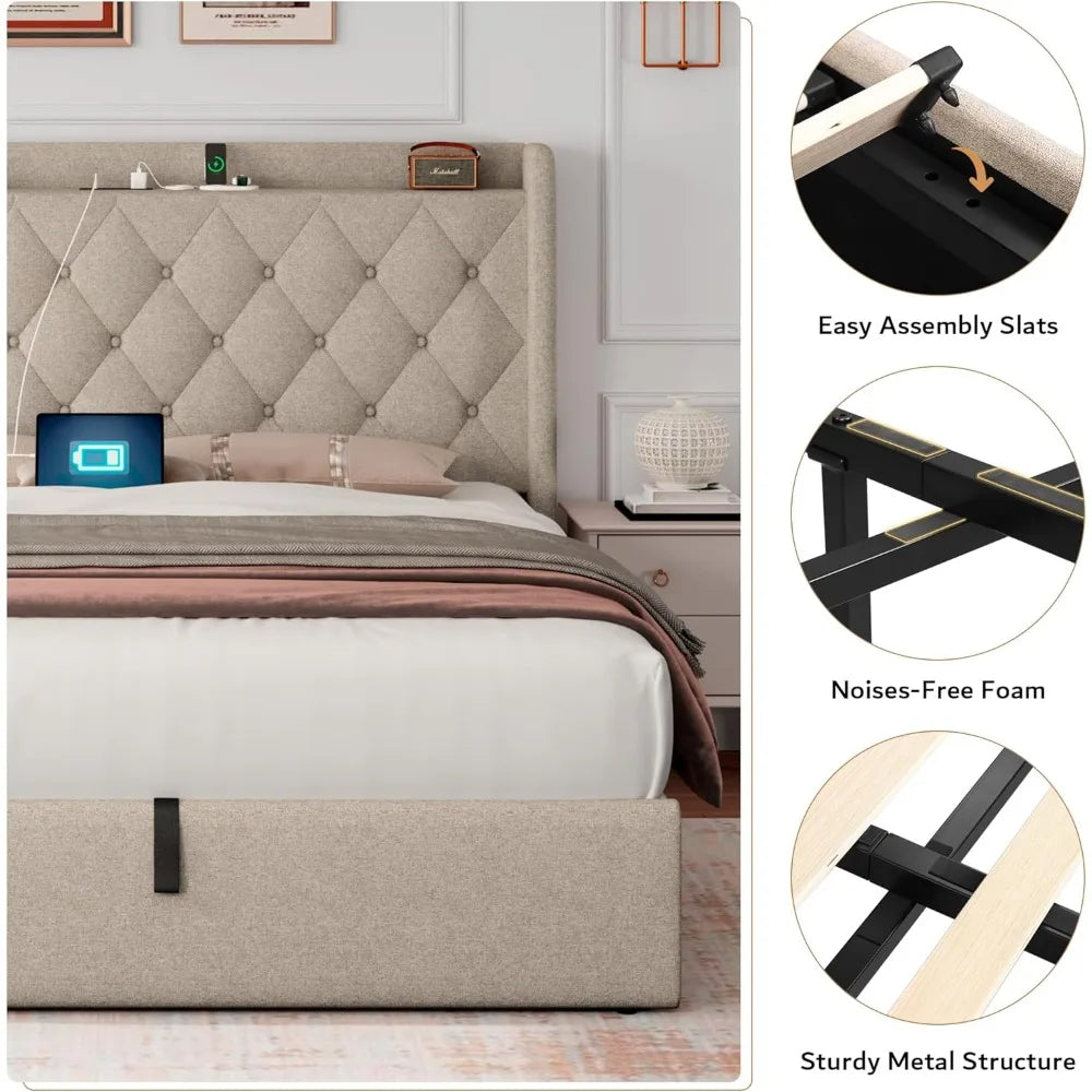 Queen Size Lift Up Storage Bed Frame with Charging Station, Upholstered Platform Bed Frame with Tufted Headboard, Hydraulic