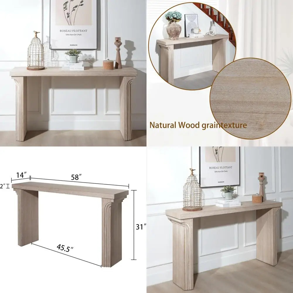 Narrow Farmhouse Style Console Table, 58 Inches Long, Decorative Carved Base, Modern Accent for Entryway or Behind Sofa