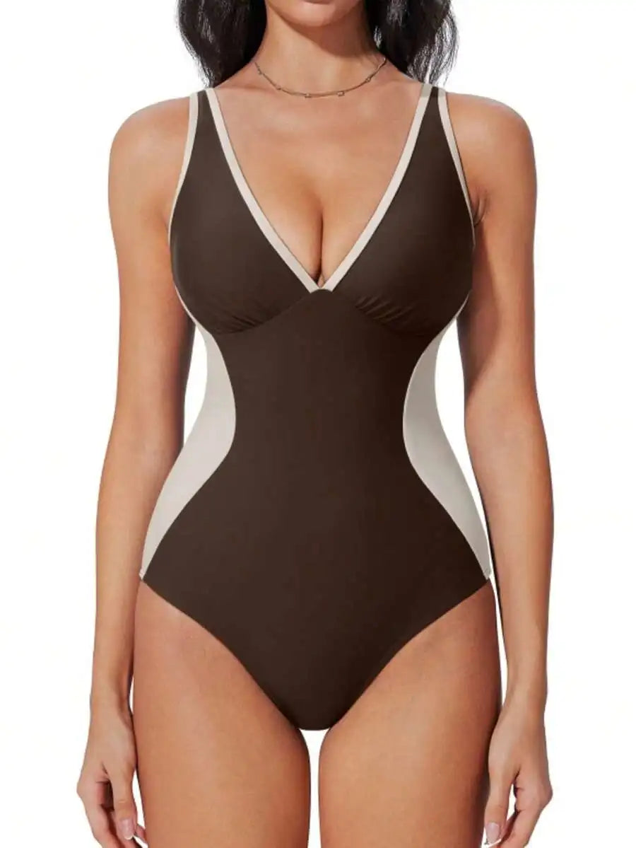 Women Colorblock V-Neck One-Piece Swimsuit Slimming Tummy Control Bathing Suit