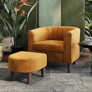 Accent Chair Ottoman Set: Chenille Barrel Chair with Foot Rest, Mid-Century Modern Small Reading Chair/ Upholstered Armchair