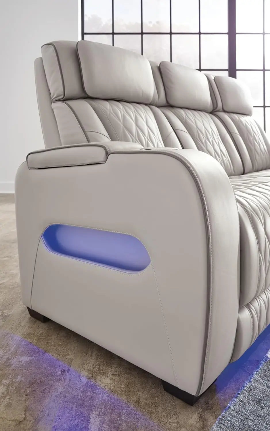 Boyington Contemporary Leather Match Power Reclining Sofa with USB Charging Ports, LED Lights and Adjustable Headrest, Gray