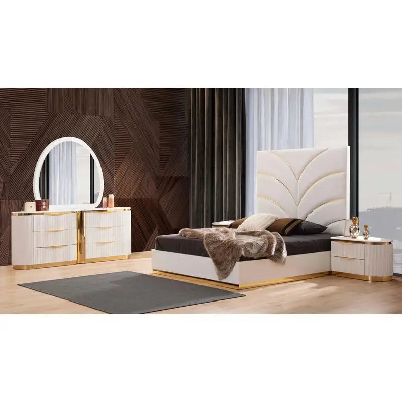 Gold Detailed Upholstery Queen 5-Piece Bed