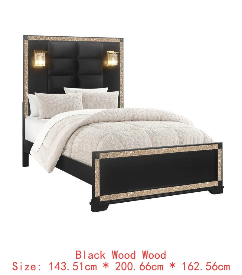 Full Bed Set in Black and Gold with Lamps