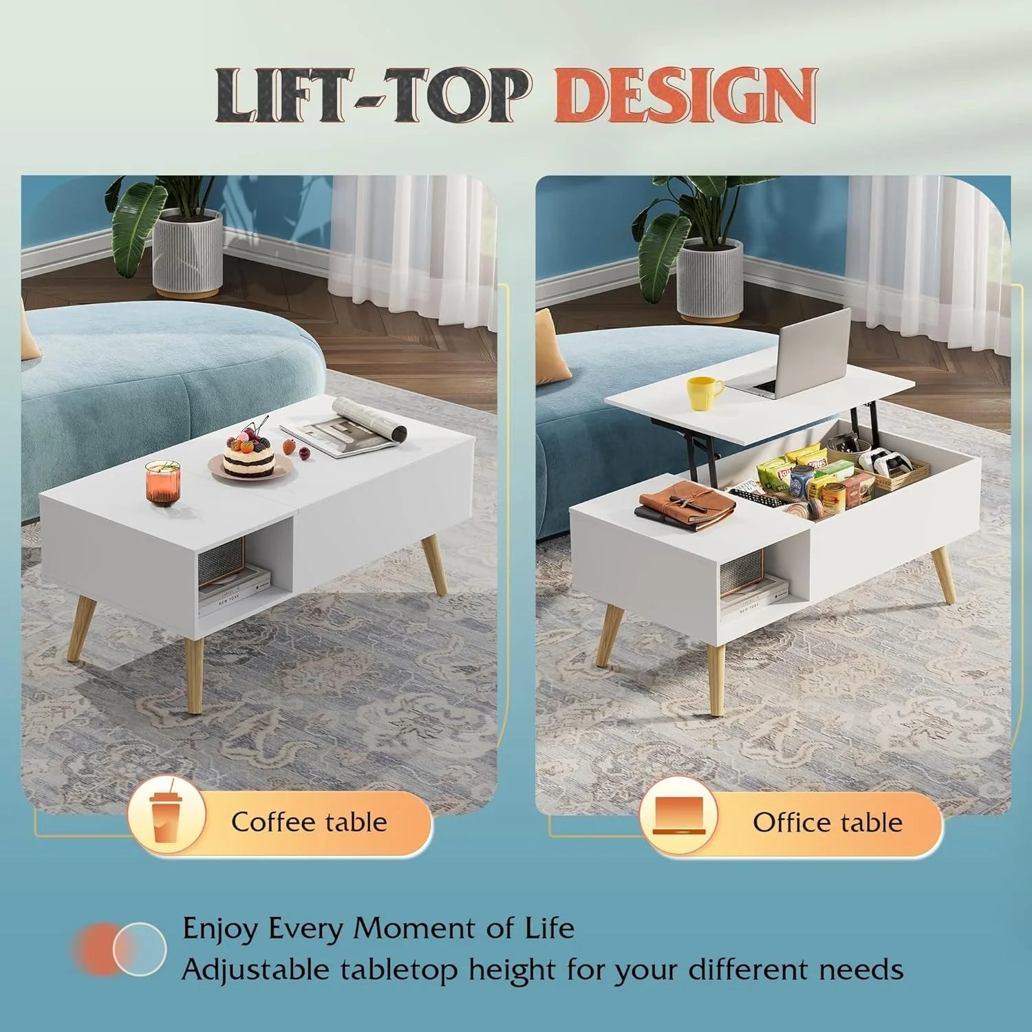 Lift Top Coffee Table with Storage, Small Rising Wooden Dining Center Table with Storage Shelf & Hidden Compartment, 39" White