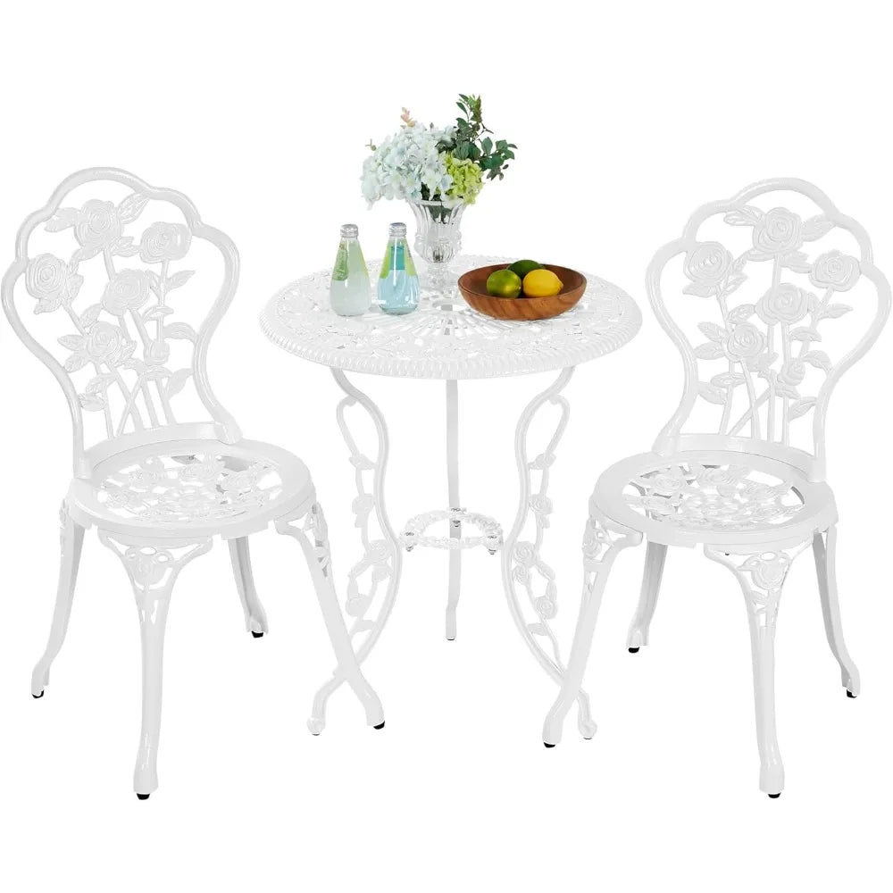 3-Piece Outdoor Bistro Set w/Rose Design, Rust-Resistant Cast Aluminum Table and Chairs w/Umbrella Hole for Balcony/Backyard
