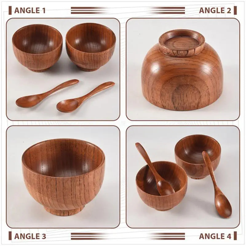 Kitchen Natural Wooden Soup Bowls,Round Fruit Salad Rice Bowls,With Spoon Set Food Containers Bowls,Large Tableware Noodle Bowls