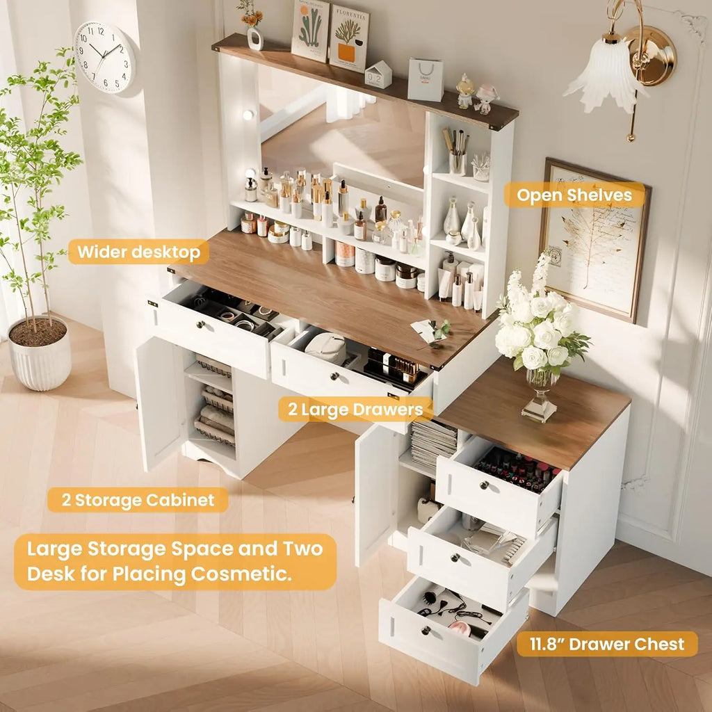 Expansive Makeup Vanity Table with Tri-Color Lighting and Ample Storage Featuring 5 Generous Drawers