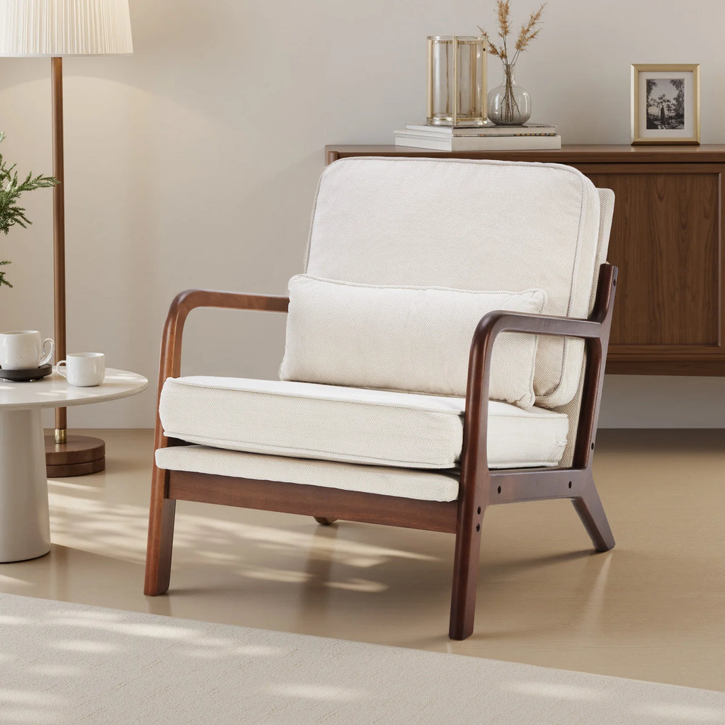 Solid Wooden Frame Accent Chair with Arms and Waist Cushion, Reading Chairs for Adults, Lounge Chair