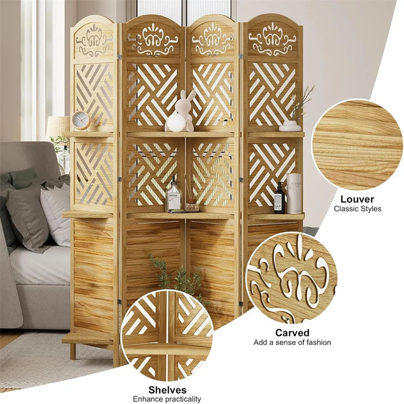 4 Panels Room Divider with Shelves, 5.75ft Tall Folding Wood Carved Screen