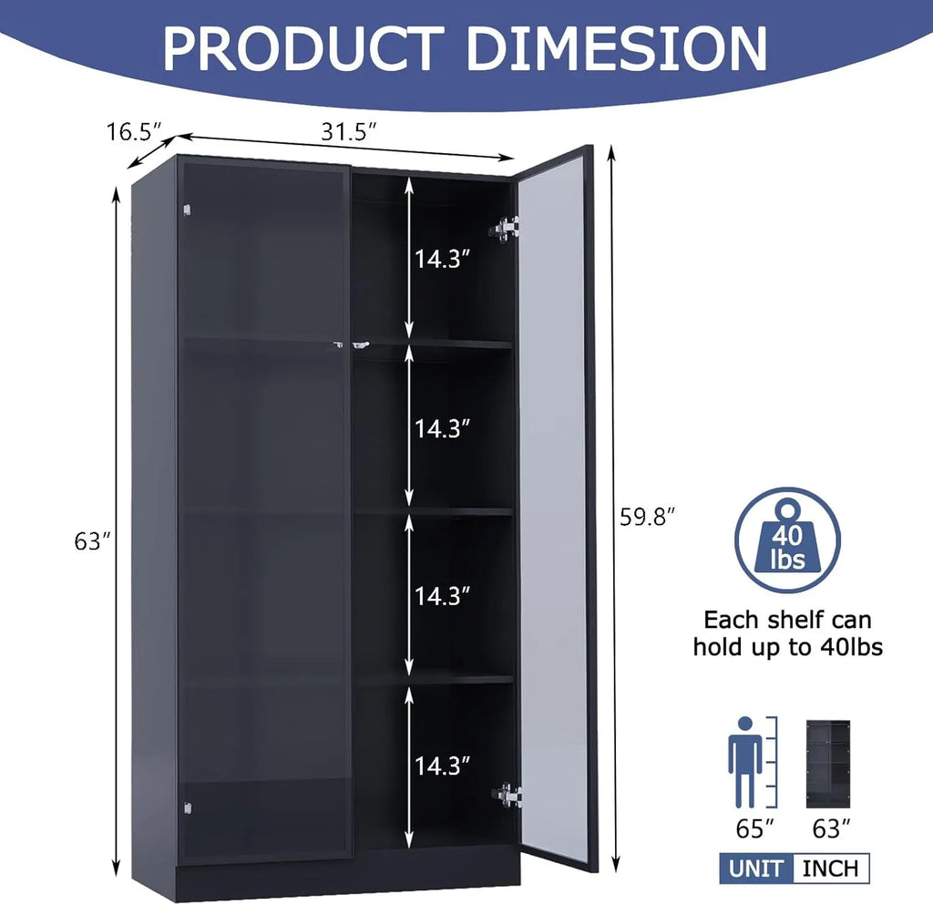 Glass Display Cabinet with LED Lights, Display Case Bookcase with 4-Tier Shelves, Curio Cabinet with 2 Glass Doors