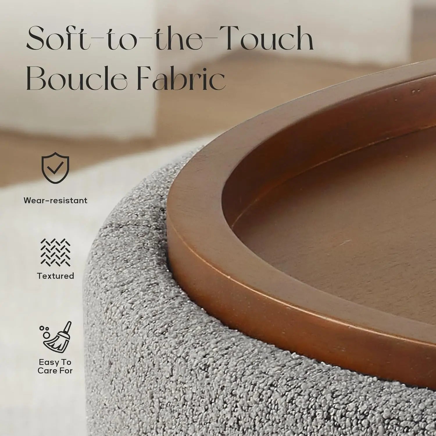 30 Inch Round Storage Ottoman Coffee Table, Modern Boucle Fabric with Lift-Off Lid and Solid Wood Legs for Living Room, Bedroom