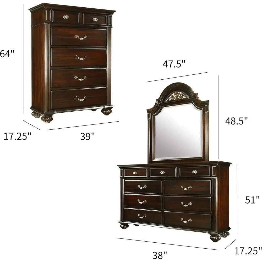 6-Piece Solid Wood Traditional Bedroom Set with Chest, Mirrored Dresser, 2 Nightstands, Requires Box Spring, Queen Size, Walnut
