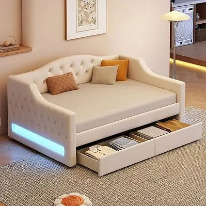 Linen-Covered Twin XL Daybed with Storage Drawers, LED Lighting, and Solid Wood Slat Support for Guest Rooms