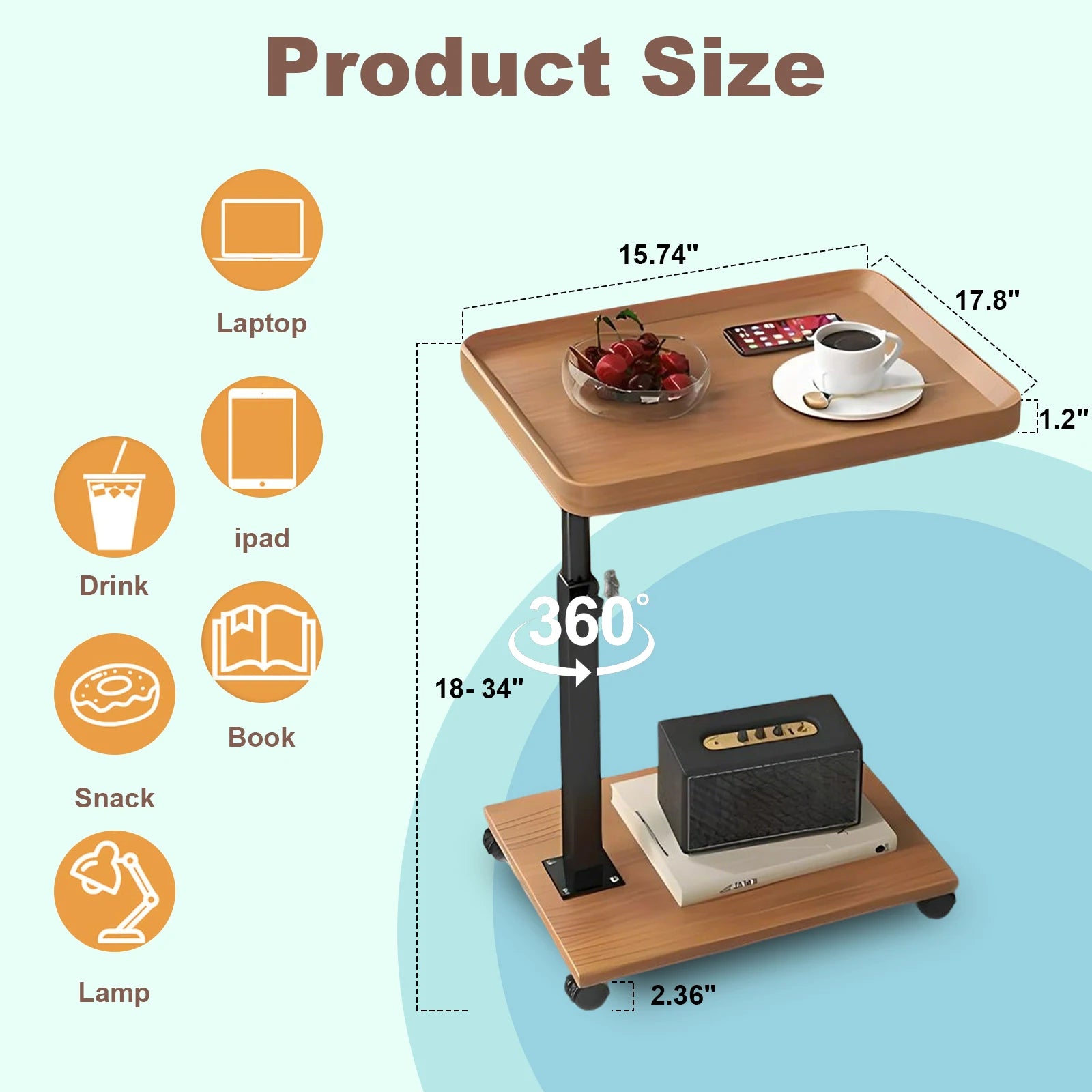 End Table Adjustable Height 360° Swivel TV Tray Couch Tables That Slide Under, Side Tables with Wheels For Sofa, Bed, Chair