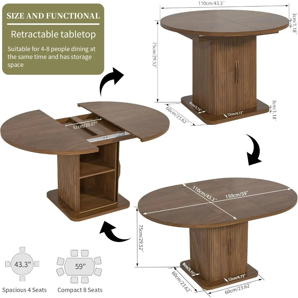 Expandable Oval Dining Table for 4-6-8 People, 59" Kitchen Table with Storage, Wooden Sliding Door, Contemporary Oval Design