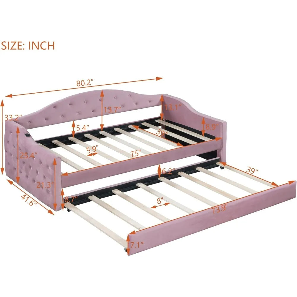 Twin Velvet Daybed with Trundle and Tufted Sofa Bed, USB & Type-C Ports Included