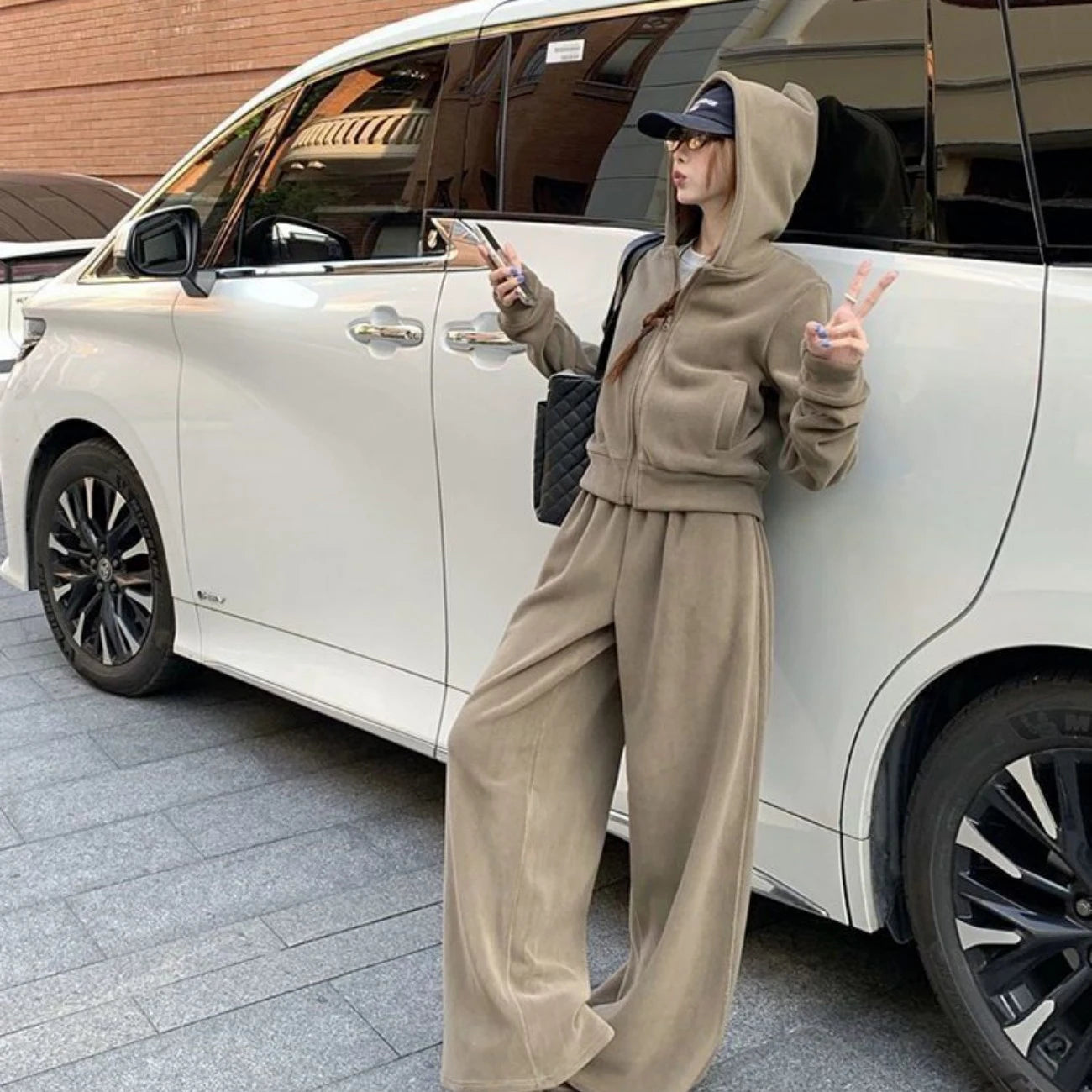 Fashion Set Women Hooded Sweatshirt Jacket Top Long Pants Wide Leg Pants Floor-Length Pants Two-Piece Set