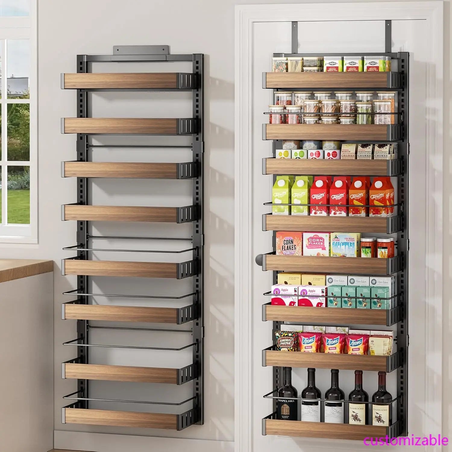 8 Tier Over The Door Pantry Organizer, 2 IN 1 Wall Mount or Hanging Spice Rack, Seasoning Shelves with Adjustable Basket