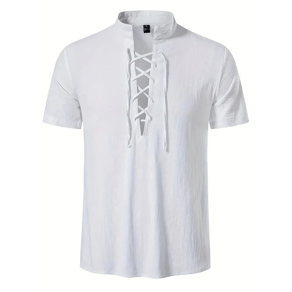 Men's Retro Shirt Short Sleeve Cotton Linen Lightweight Breathable Solid Color Fashion Tops Pirate V-neck Male Stylish Shirt