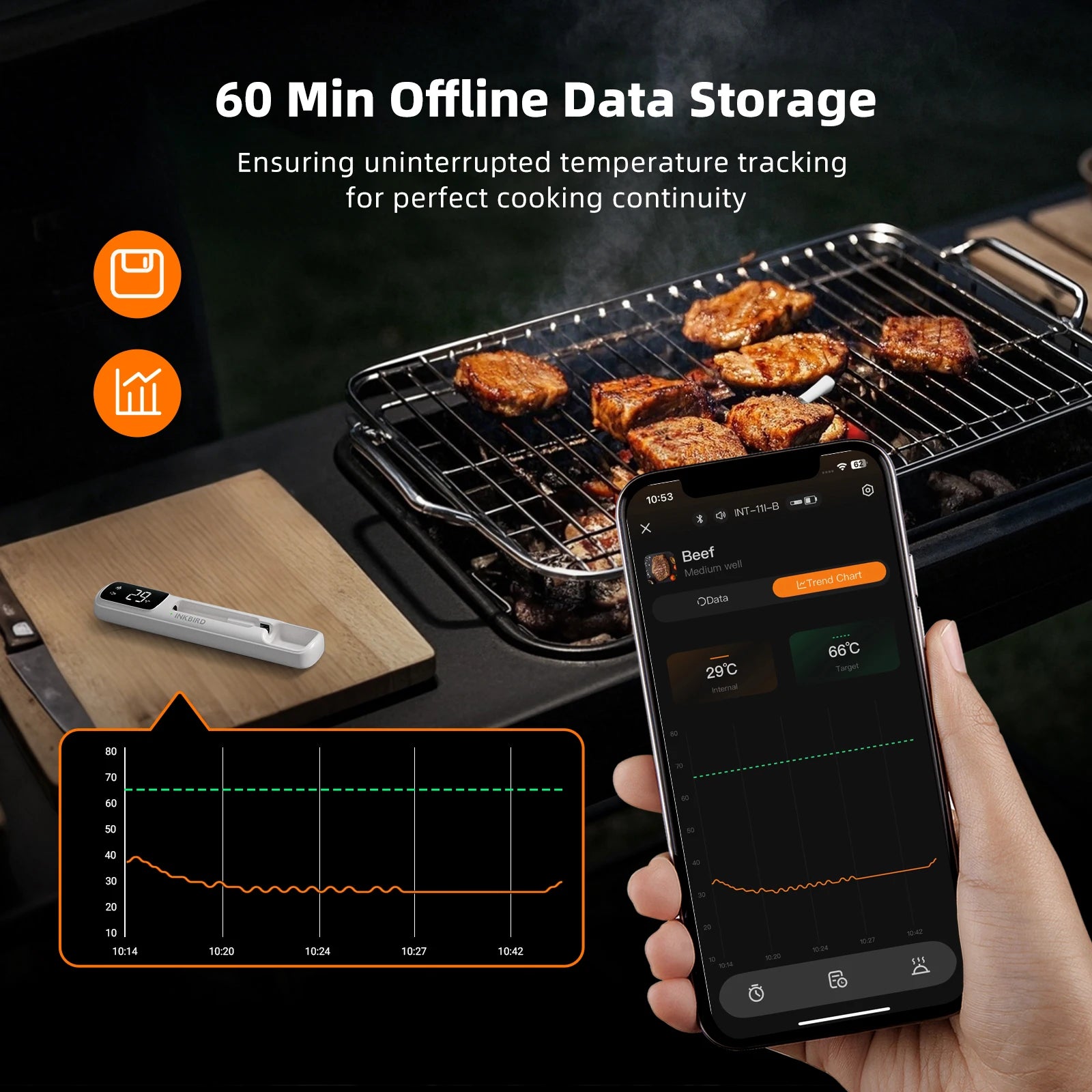 INKBIRD INT-11I-B Mini Wireless Meat Thermometer, Bluetooth 5.4 1000ft, 1s Response, IP67, 26 Presets, LED Display, for BBQ/Gril
