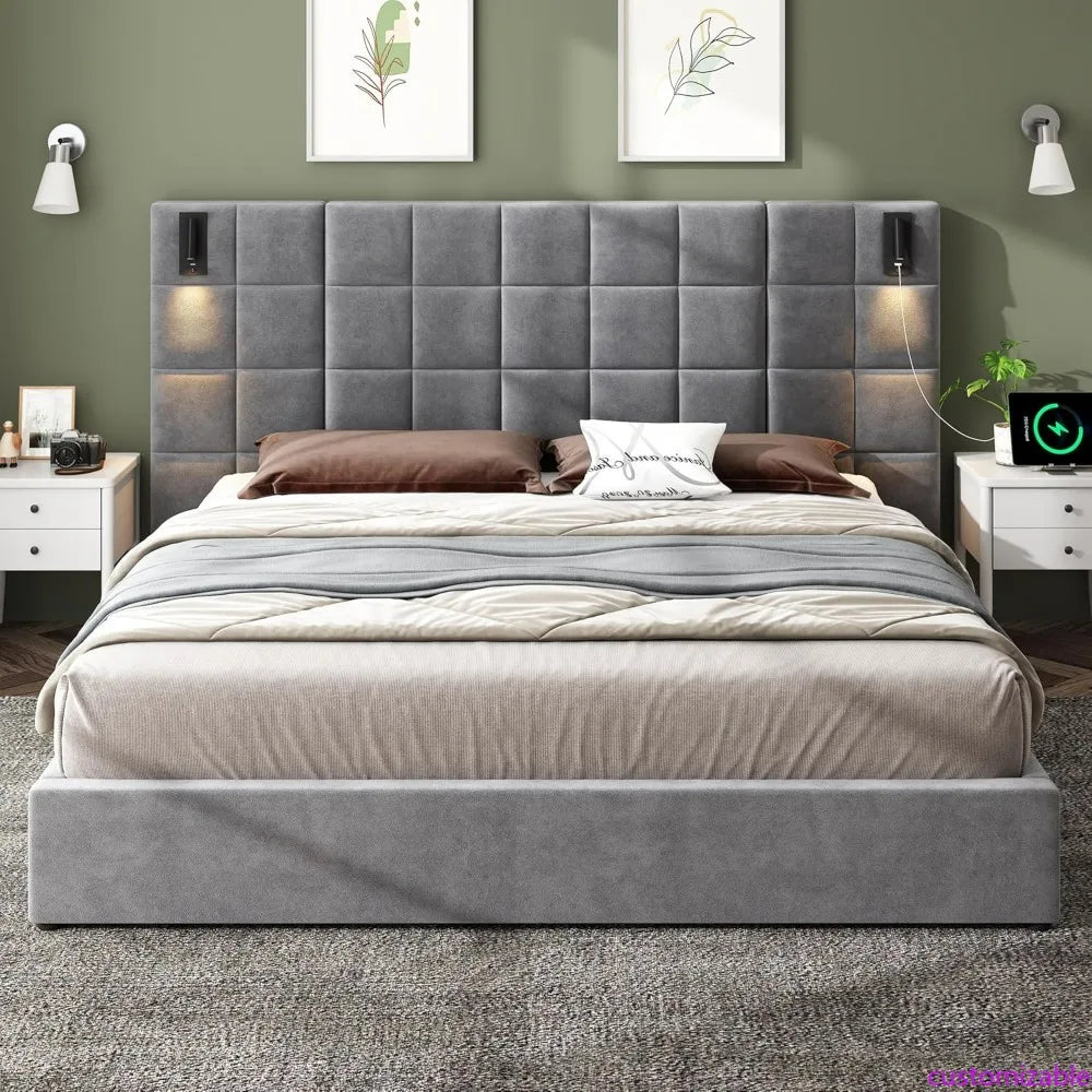 King-Size Upholstered Bed with Reading Light and USB Charging, Velvet Headboard, Grey (No Side Tables or Mattress Included)