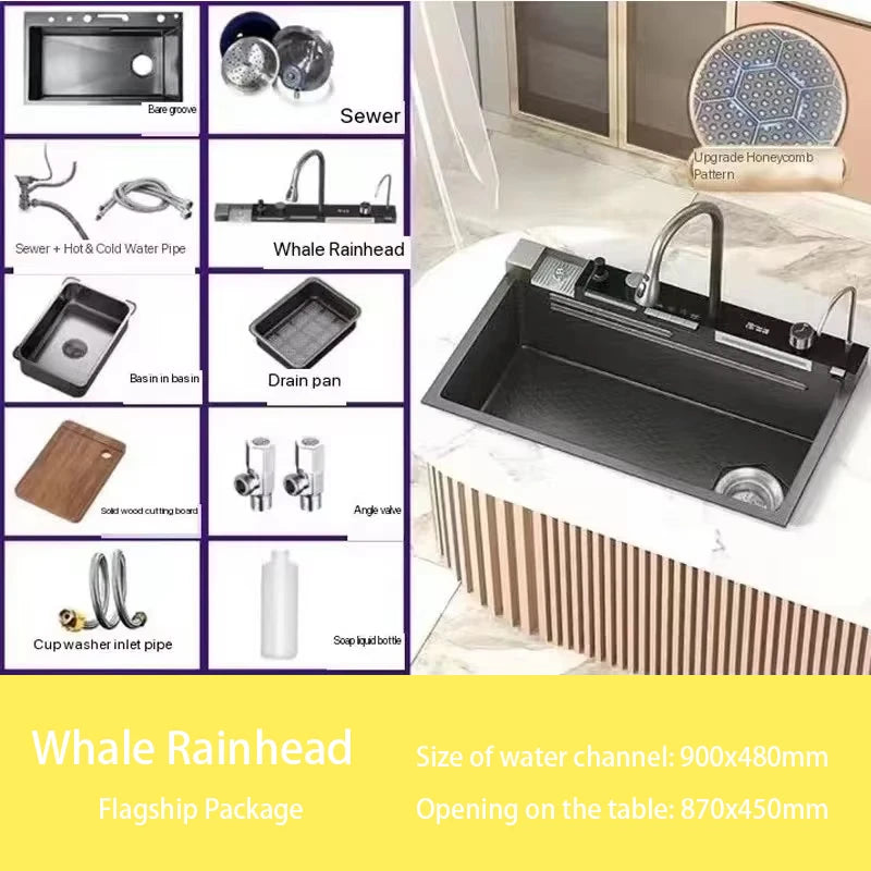 Gold 5mm Waterfall Kitchen Sink/ Honeycomb Technology Large Digital Display Stainless Steel Sink