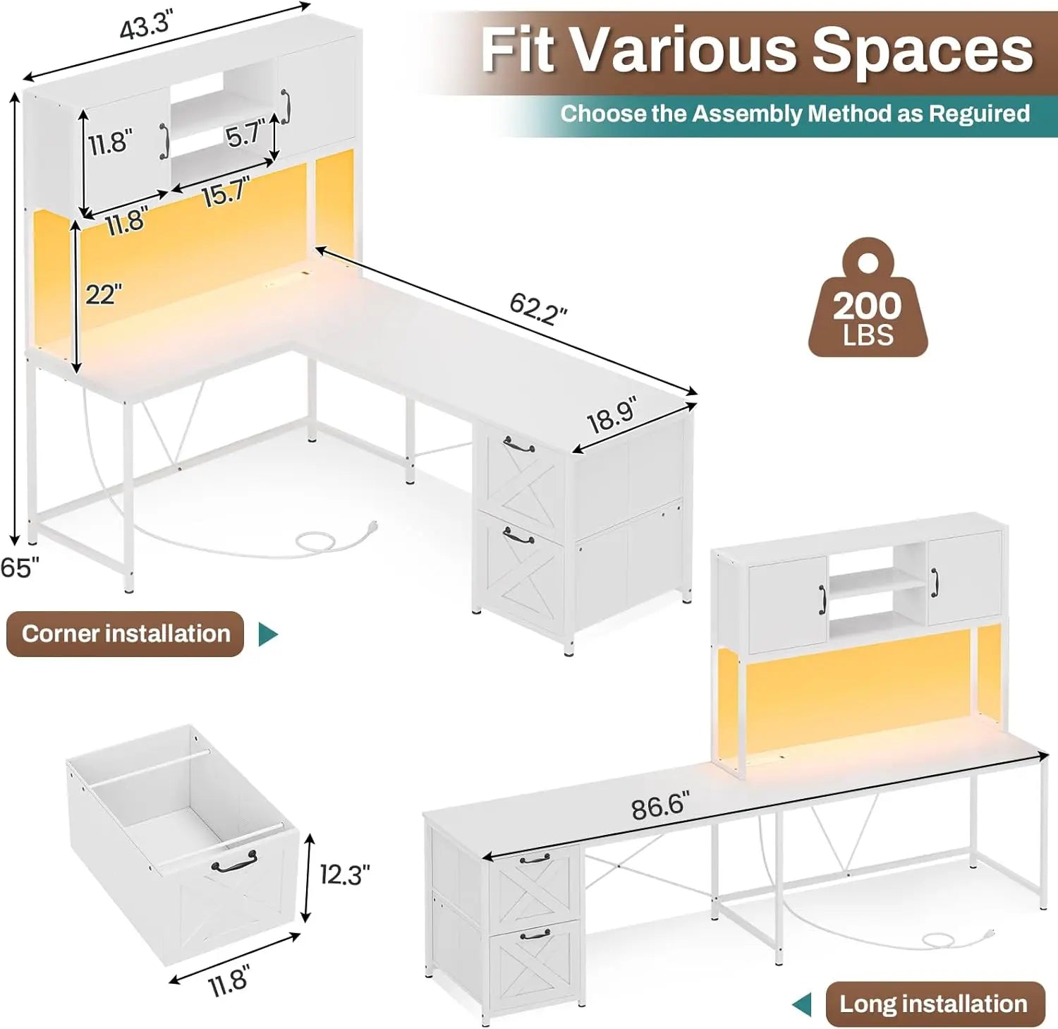 Contemporary White L-Shaped Desk for Home Office, Farmhouse Style with Fabric Drawers and Built-In Power Outlet, LED Lit