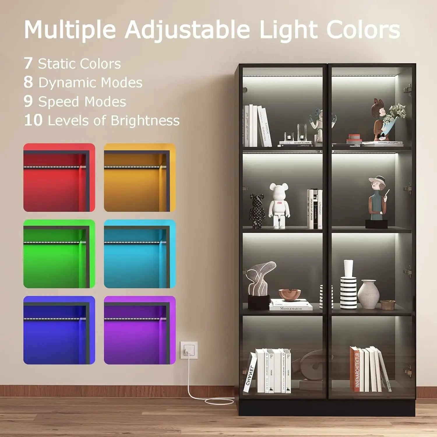 Glass Display Cabinet with LED Lights, Display Case Bookcase with 4-Tier Shelves, Curio Cabinet with 2 Glass Doors