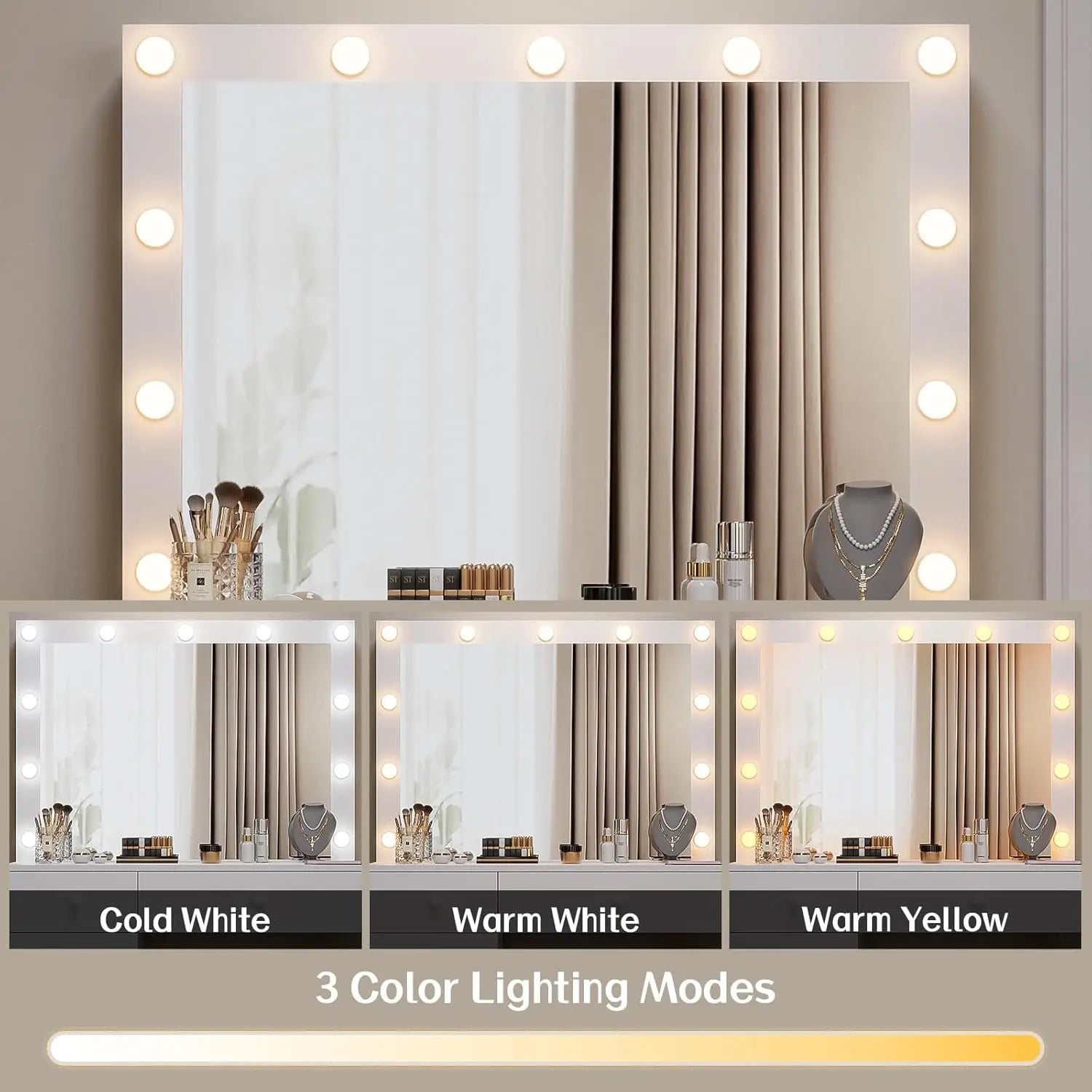 Vanity Desk with Mirror and Lights, White with Power Outlet and 3 Color Light Modes